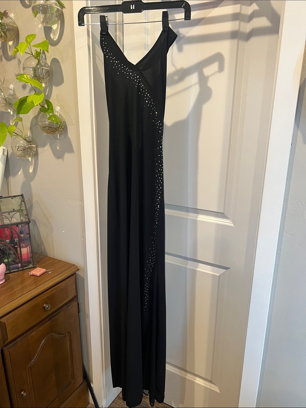 Black Halter Evening Gown with Side Crystal Detail
